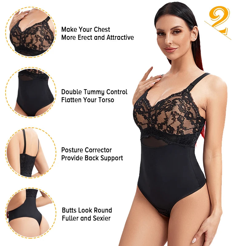 Mesh Lace Thongs Bodysuit Shapewear